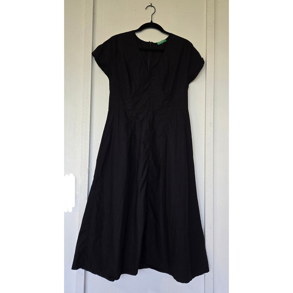 Benetton Black‎ 100% Cotton V-Neck Midi Dress M Classic Capsule Vacation Office
